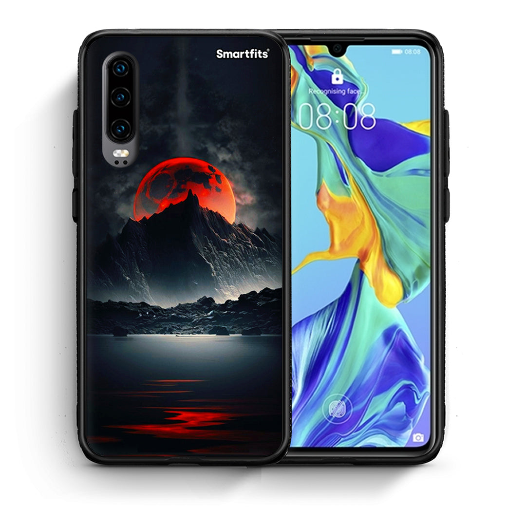 Θήκη Huawei P30 Red Full Moon από τη Smartfits με σχέδιο στο πίσω μέρος και μαύρο περίβλημα | Huawei P30 Red Full Moon case with colorful back and black bezels