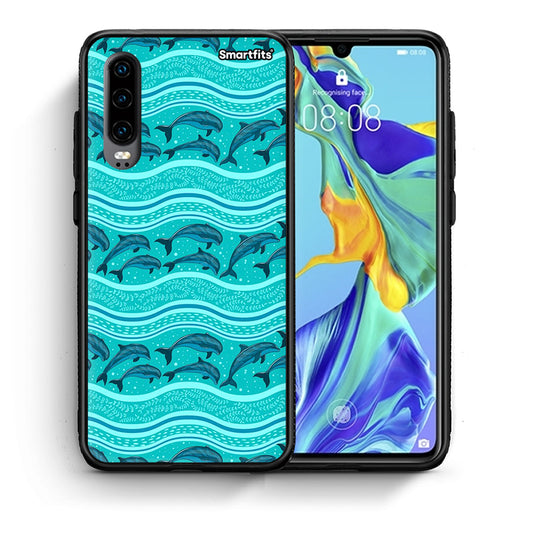 Θήκη Huawei P30 Swimming Dolphins από τη Smartfits με σχέδιο στο πίσω μέρος και μαύρο περίβλημα | Huawei P30 Swimming Dolphins case with colorful back and black bezels
