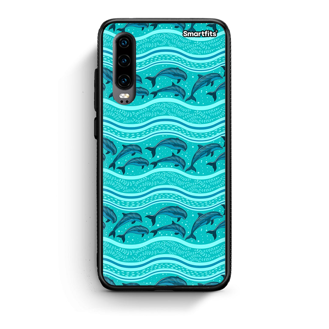 Huawei P30 Swimming Dolphins θήκη από τη Smartfits με σχέδιο στο πίσω μέρος και μαύρο περίβλημα | Smartphone case with colorful back and black bezels by Smartfits
