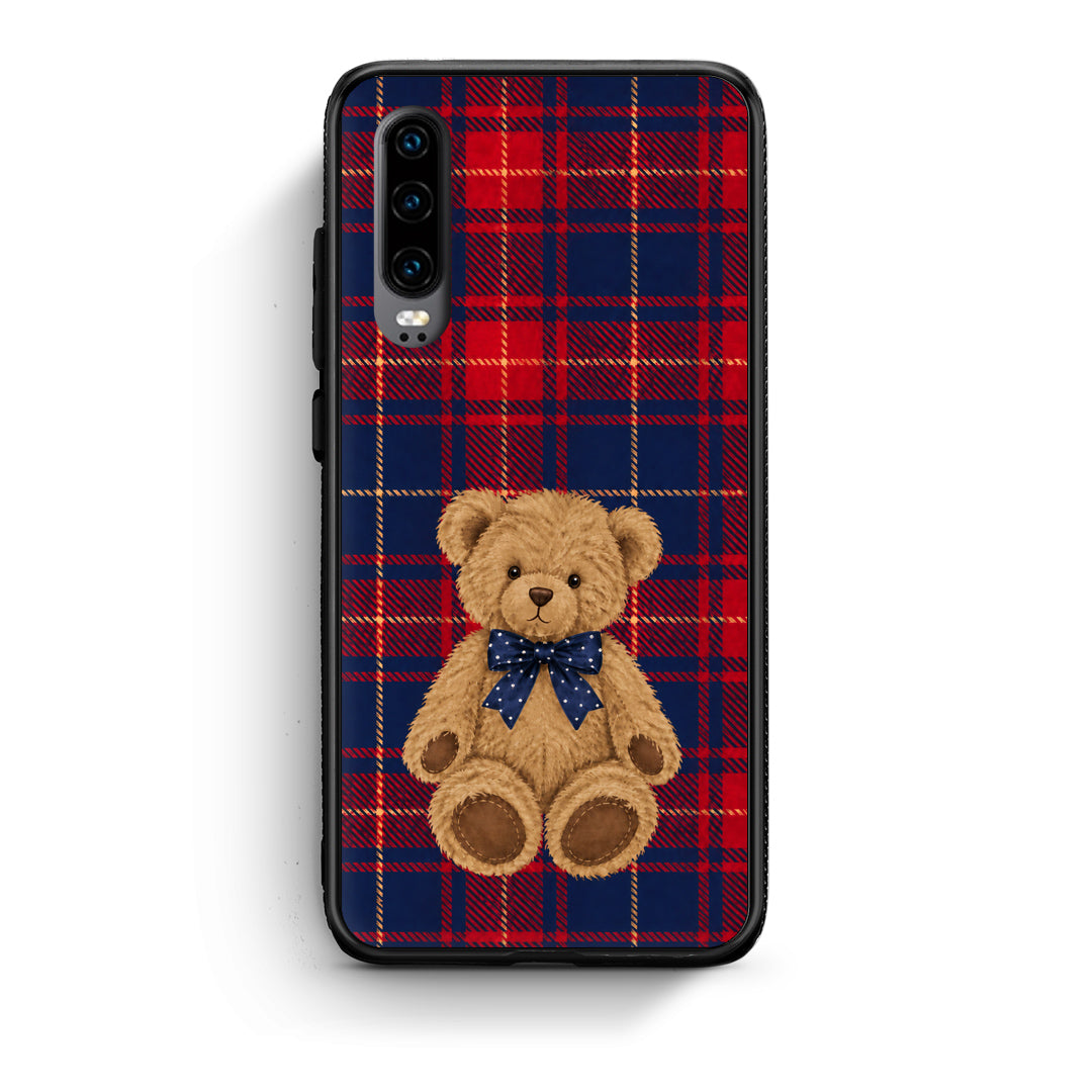 Θήκη Huawei P30 Teddy Bear on Red and Navy Tartan από τη Smartfits με σχέδιο στο πίσω μέρος και μαύρο περίβλημα | Huawei P30 Teddy Bear on Red and Navy Tartan case with colorful back and black bezels