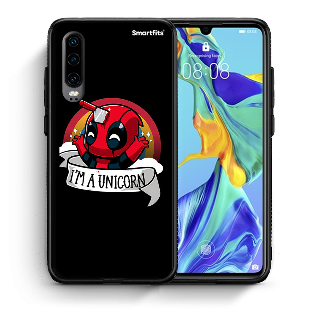 Θήκη Huawei P30 Unicorn Deadpool από τη Smartfits με σχέδιο στο πίσω μέρος και μαύρο περίβλημα | Huawei P30 Unicorn Deadpool case with colorful back and black bezels