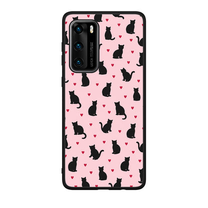 Θήκη Huawei P40 Black Cat Silhouettes and Hearts on Pink από τη Smartfits με σχέδιο στο πίσω μέρος και μαύρο περίβλημα | Huawei P40 Black Cat Silhouettes and Hearts on Pink case with colorful back and black bezels