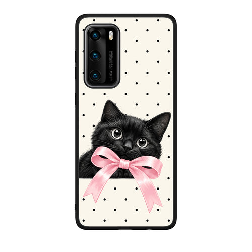 Θήκη Huawei P40 Black Kitten Pink Bow and Polka Dots από τη Smartfits με σχέδιο στο πίσω μέρος και μαύρο περίβλημα | Huawei P40 Black Kitten Pink Bow and Polka Dots case with colorful back and black bezels