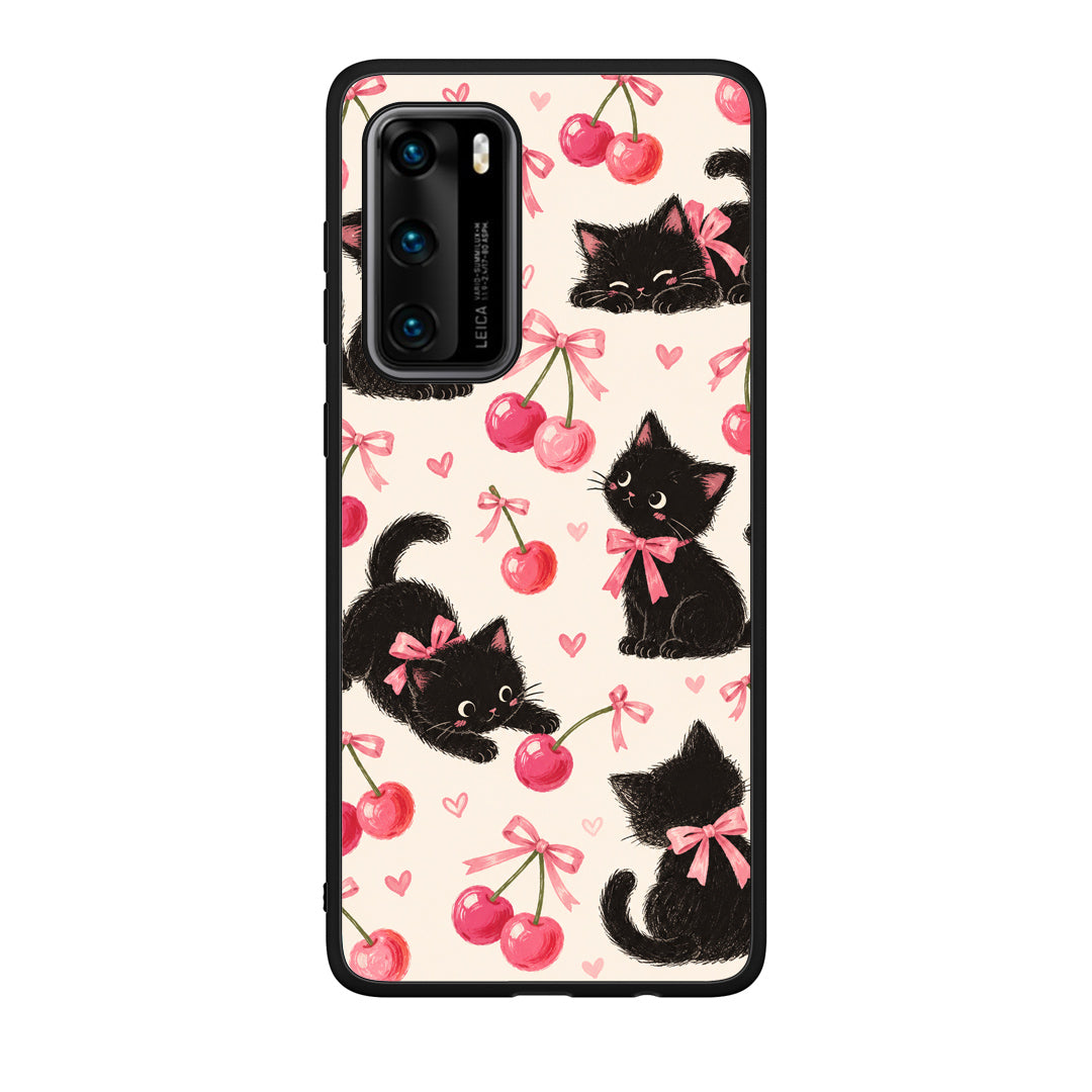 Θήκη Huawei P40 Black Kittens and Cherries on Cream από τη Smartfits με σχέδιο στο πίσω μέρος και μαύρο περίβλημα | Huawei P40 Black Kittens and Cherries on Cream case with colorful back and black bezels