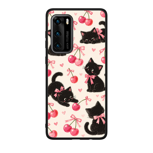 Θήκη Huawei P40 Black Kittens and Cherries on Cream από τη Smartfits με σχέδιο στο πίσω μέρος και μαύρο περίβλημα | Huawei P40 Black Kittens and Cherries on Cream case with colorful back and black bezels