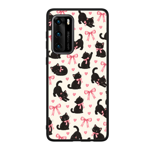 Θήκη Huawei P40 Black Kittens and Pink Bows on Cream Small από τη Smartfits με σχέδιο στο πίσω μέρος και μαύρο περίβλημα | Huawei P40 Black Kittens and Pink Bows on Cream Small case with colorful back and black bezels