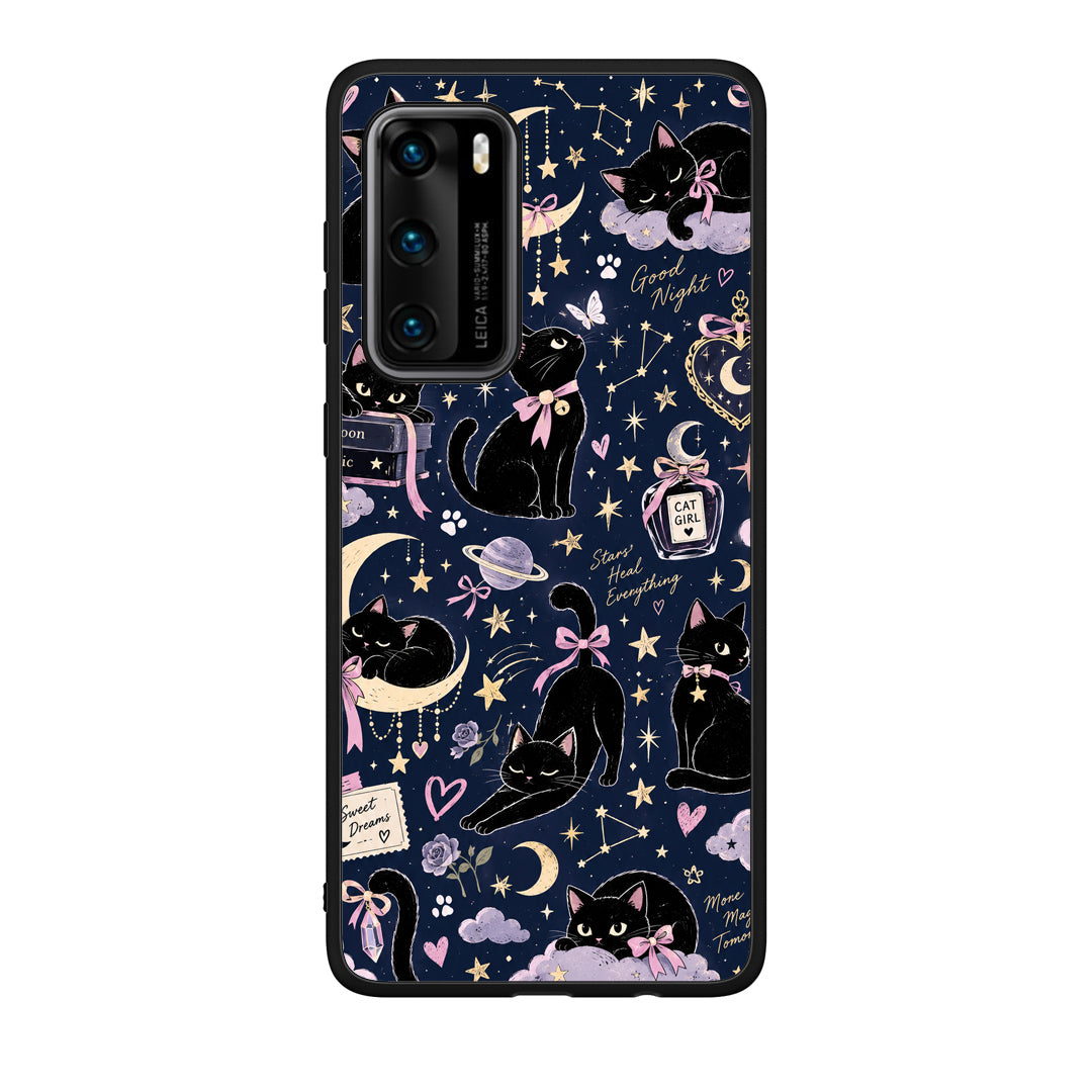 Θήκη Huawei P40 Celestial Black Cats on Navy από τη Smartfits με σχέδιο στο πίσω μέρος και μαύρο περίβλημα | Huawei P40 Celestial Black Cats on Navy case with colorful back and black bezels