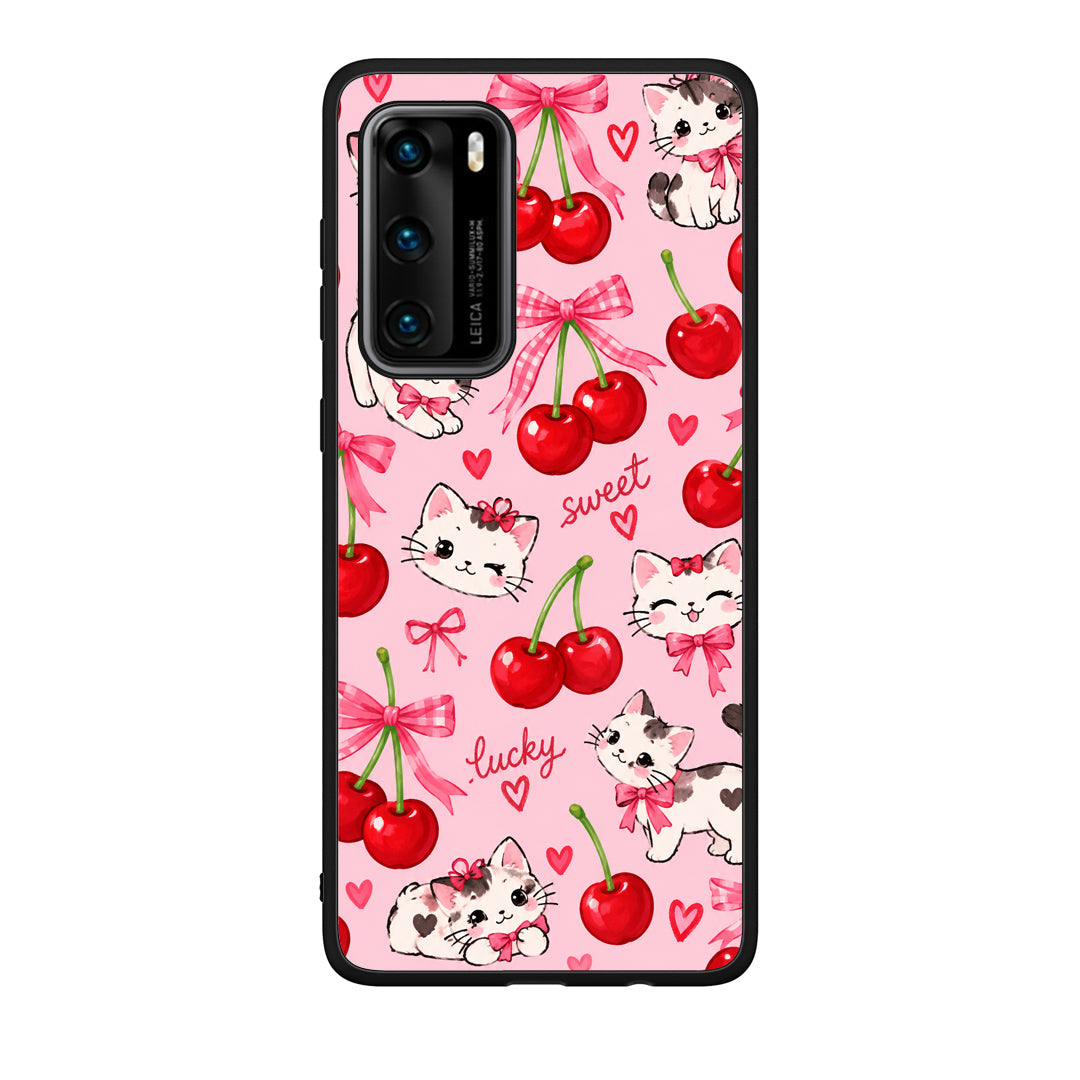 Θήκη Huawei P40 Cherries Bows and Kittens on Pink από τη Smartfits με σχέδιο στο πίσω μέρος και μαύρο περίβλημα | Huawei P40 Cherries Bows and Kittens on Pink case with colorful back and black bezels