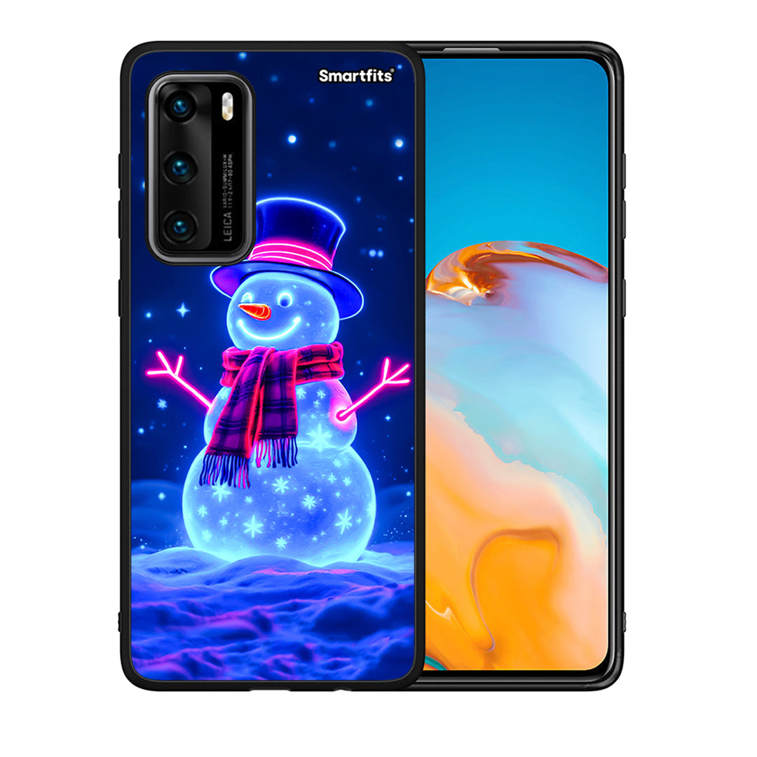 Θήκη Huawei P40 Christmas Neon Snowman από τη Smartfits με σχέδιο στο πίσω μέρος και μαύρο περίβλημα | Huawei P40 Christmas Neon Snowman case with colorful back and black bezels