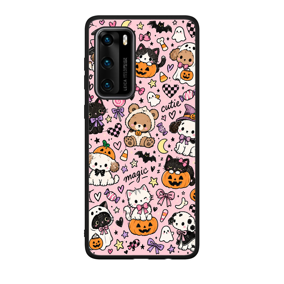 Θήκη Huawei P40 Halloween Cute Animals on Pink από τη Smartfits με σχέδιο στο πίσω μέρος και μαύρο περίβλημα | Huawei P40 Halloween Cute Animals on Pink case with colorful back and black bezels