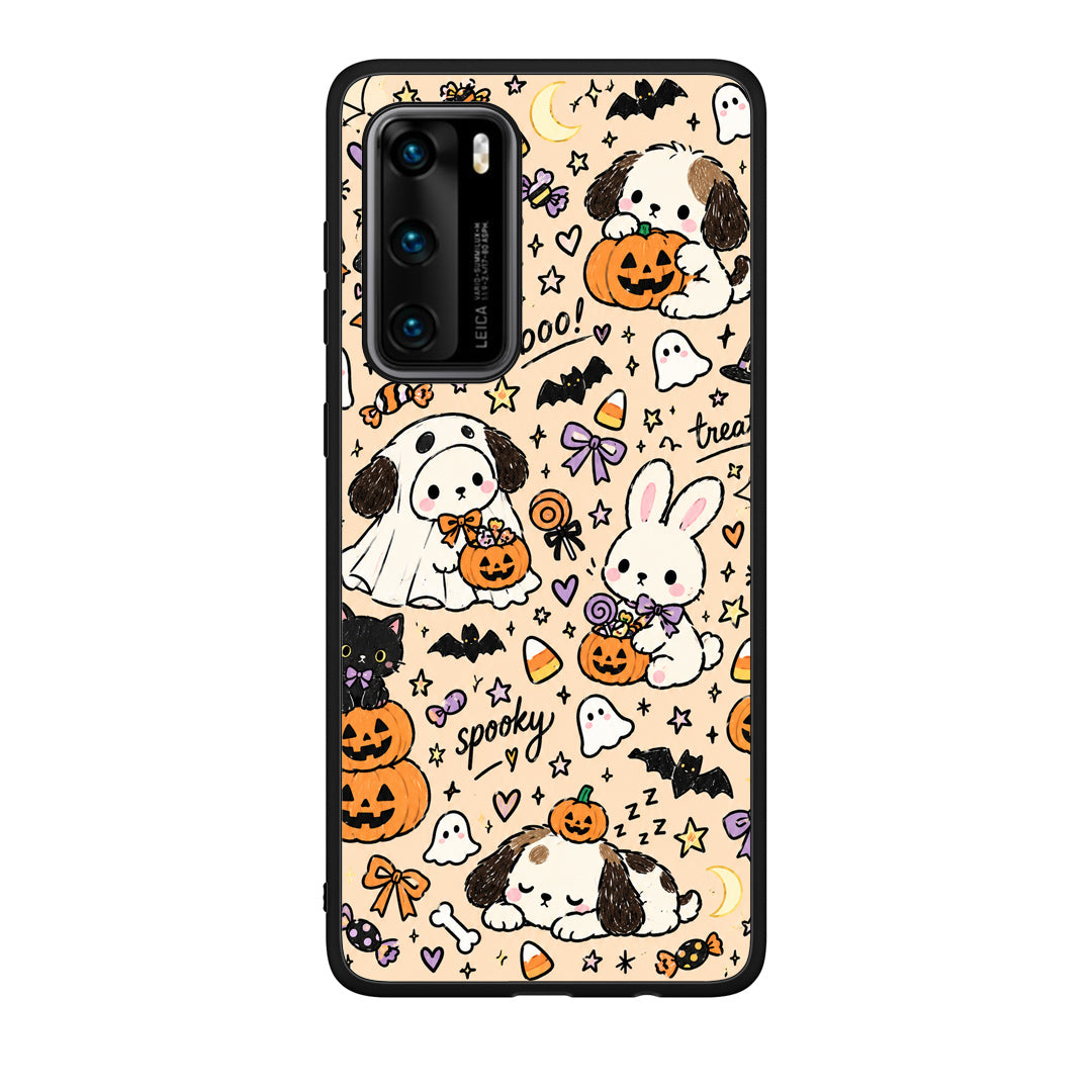 Θήκη Huawei P40 Halloween Puppies and Friends on Cream από τη Smartfits με σχέδιο στο πίσω μέρος και μαύρο περίβλημα | Huawei P40 Halloween Puppies and Friends on Cream case with colorful back and black bezels