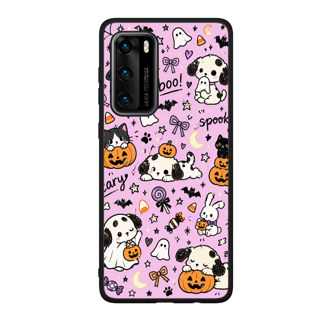 Θήκη Huawei P40 Halloween Puppies and Friends on Lilac από τη Smartfits με σχέδιο στο πίσω μέρος και μαύρο περίβλημα | Huawei P40 Halloween Puppies and Friends on Lilac case with colorful back and black bezels