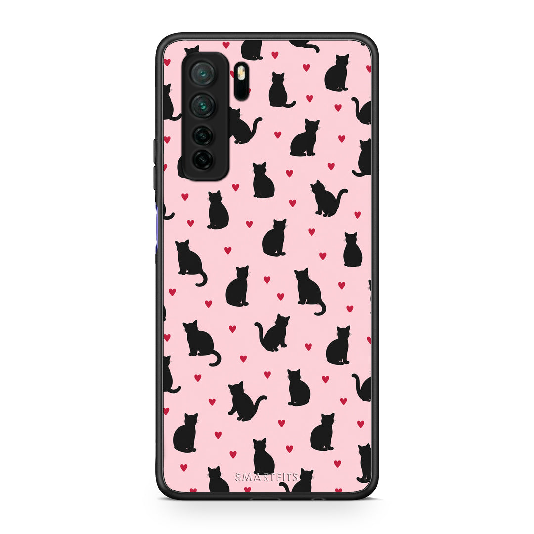 Θήκη Huawei P40 Lite 5G Black Cat Silhouettes and Hearts on Pink από τη Smartfits με σχέδιο στο πίσω μέρος και μαύρο περίβλημα | Huawei P40 Lite 5G Black Cat Silhouettes and Hearts on Pink case with colorful back and black bezels