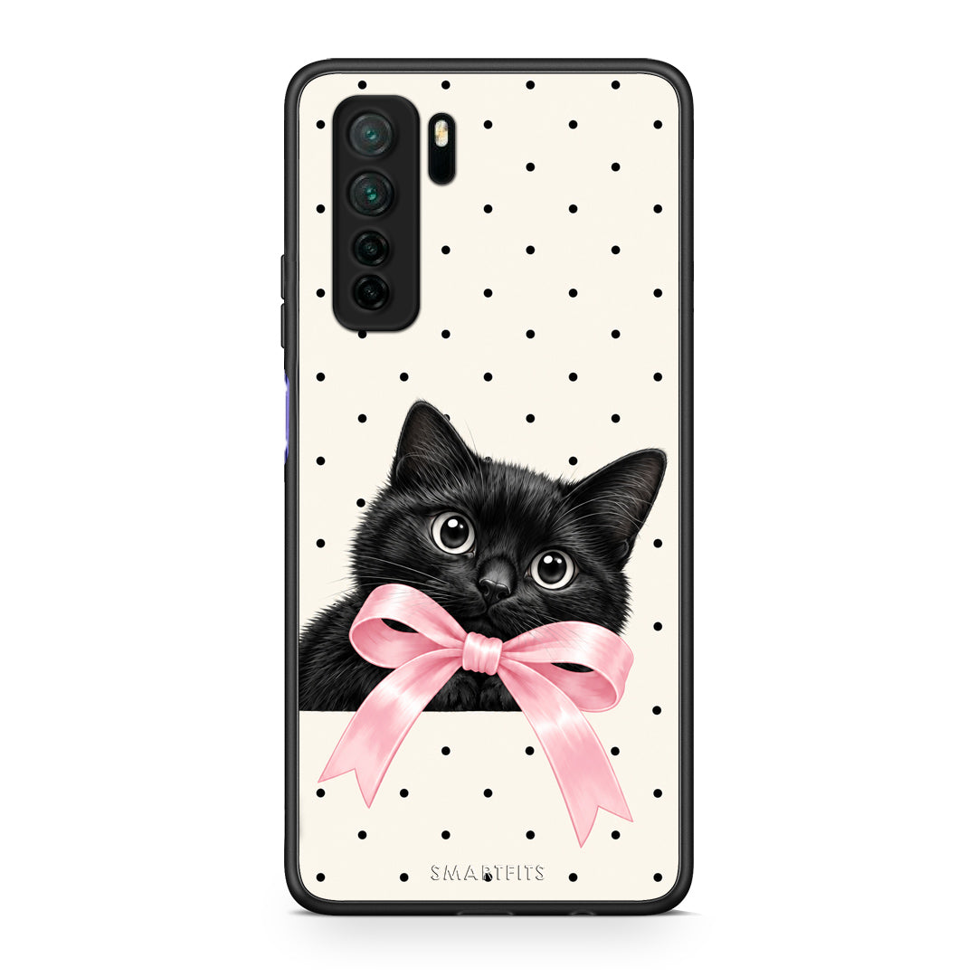 Θήκη Huawei P40 Lite 5G Black Kitten Pink Bow and Polka Dots από τη Smartfits με σχέδιο στο πίσω μέρος και μαύρο περίβλημα | Huawei P40 Lite 5G Black Kitten Pink Bow and Polka Dots case with colorful back and black bezels