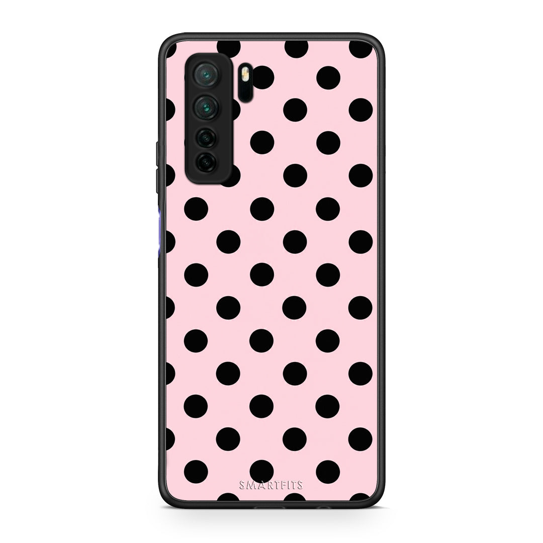 Θήκη Huawei P40 Lite 5G Black Polka Dots on Pink από τη Smartfits με σχέδιο στο πίσω μέρος και μαύρο περίβλημα | Huawei P40 Lite 5G Black Polka Dots on Pink case with colorful back and black bezels
