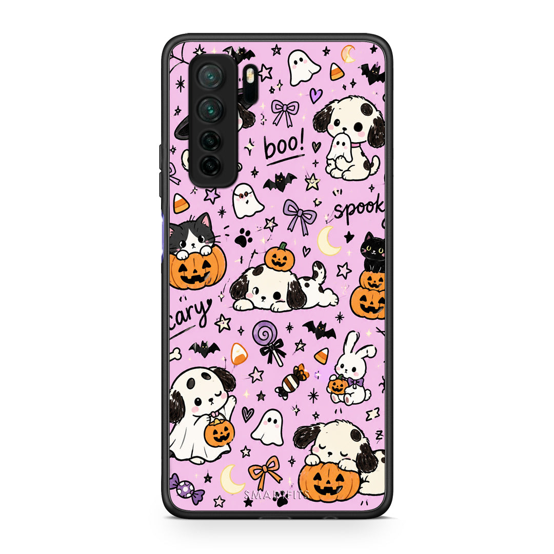 Θήκη Huawei P40 Lite 5G Halloween Puppies and Friends on Lilac από τη Smartfits με σχέδιο στο πίσω μέρος και μαύρο περίβλημα | Huawei P40 Lite 5G Halloween Puppies and Friends on Lilac case with colorful back and black bezels