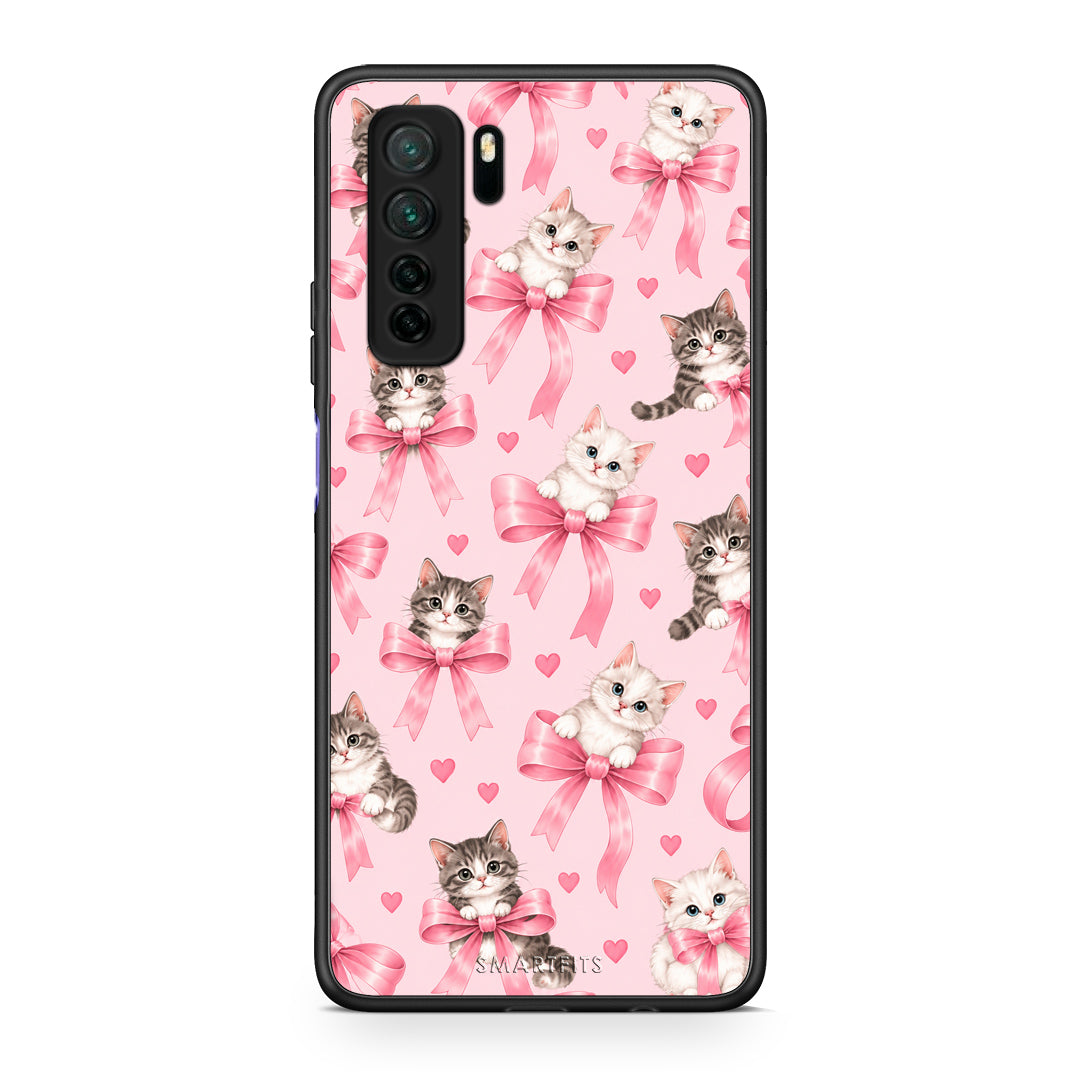 Θήκη Huawei P40 Lite 5G Kittens and Pink Bows on Pink από τη Smartfits με σχέδιο στο πίσω μέρος και μαύρο περίβλημα | Huawei P40 Lite 5G Kittens and Pink Bows on Pink case with colorful back and black bezels