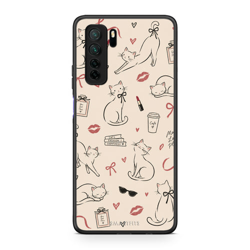 Θήκη Huawei P40 Lite 5G Minimal Cat and Fashion Doodles on Cream από τη Smartfits με σχέδιο στο πίσω μέρος και μαύρο περίβλημα | Huawei P40 Lite 5G Minimal Cat and Fashion Doodles on Cream case with colorful back and black bezels