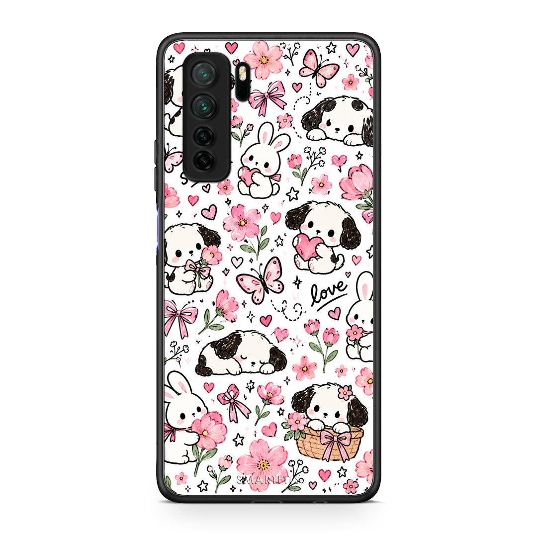 Θήκη Huawei P40 Lite 5G Pink Florals Puppies and Bunnies on White από τη Smartfits με σχέδιο στο πίσω μέρος και μαύρο περίβλημα | Huawei P40 Lite 5G Pink Florals Puppies and Bunnies on White case with colorful back and black bezels