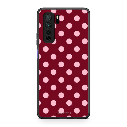 Θήκη Huawei P40 Lite 5G Pink Polka Dots on Burgundy από τη Smartfits με σχέδιο στο πίσω μέρος και μαύρο περίβλημα | Huawei P40 Lite 5G Pink Polka Dots on Burgundy case with colorful back and black bezels