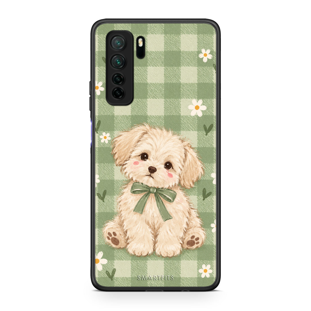 Θήκη Huawei P40 Lite 5G Puppy and Daisies on Sage Gingham από τη Smartfits με σχέδιο στο πίσω μέρος και μαύρο περίβλημα | Huawei P40 Lite 5G Puppy and Daisies on Sage Gingham case with colorful back and black bezels