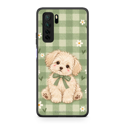 Θήκη Huawei P40 Lite 5G Puppy and Daisies on Sage Gingham από τη Smartfits με σχέδιο στο πίσω μέρος και μαύρο περίβλημα | Huawei P40 Lite 5G Puppy and Daisies on Sage Gingham case with colorful back and black bezels