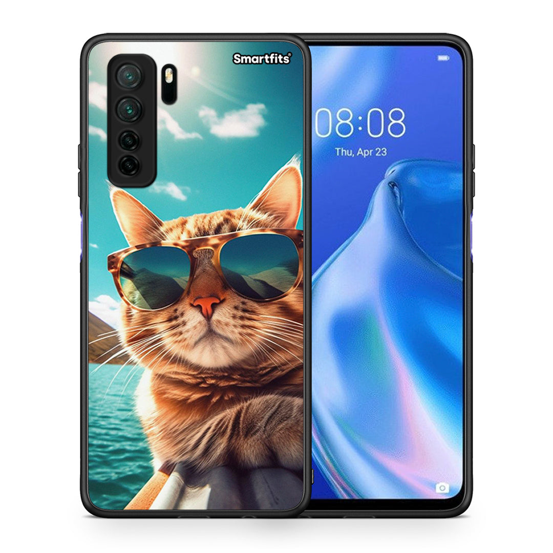 Θήκη Huawei P40 Lite 5G Summer Cat από τη Smartfits με σχέδιο στο πίσω μέρος και μαύρο περίβλημα | Huawei P40 Lite 5G Summer Cat Case with Colorful Back and Black Bezels