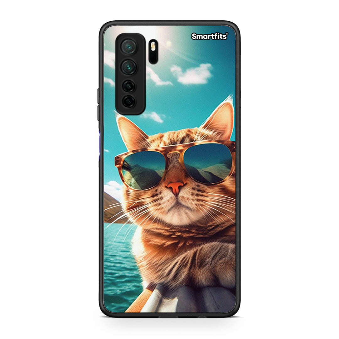 Θήκη Huawei P40 Lite 5G Summer Cat από τη Smartfits με σχέδιο στο πίσω μέρος και μαύρο περίβλημα | Huawei P40 Lite 5G Summer Cat Case with Colorful Back and Black Bezels