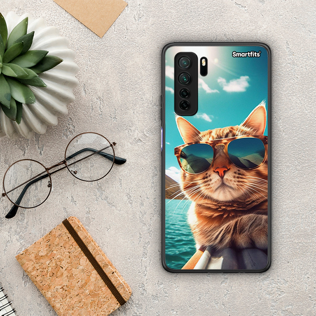 Θήκη Huawei P40 Lite 5G Summer Cat από τη Smartfits με σχέδιο στο πίσω μέρος και μαύρο περίβλημα | Huawei P40 Lite 5G Summer Cat Case with Colorful Back and Black Bezels