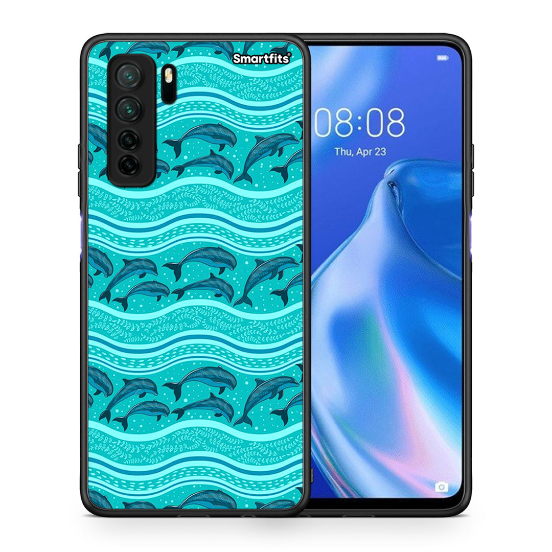 Θήκη Huawei P40 Lite 5G Swimming Dolphins από τη Smartfits με σχέδιο στο πίσω μέρος και μαύρο περίβλημα | Huawei P40 Lite 5G Swimming Dolphins Case with Colorful Back and Black Bezels