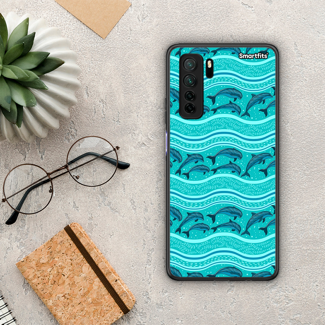 Θήκη Huawei P40 Lite 5G Swimming Dolphins από τη Smartfits με σχέδιο στο πίσω μέρος και μαύρο περίβλημα | Huawei P40 Lite 5G Swimming Dolphins Case with Colorful Back and Black Bezels