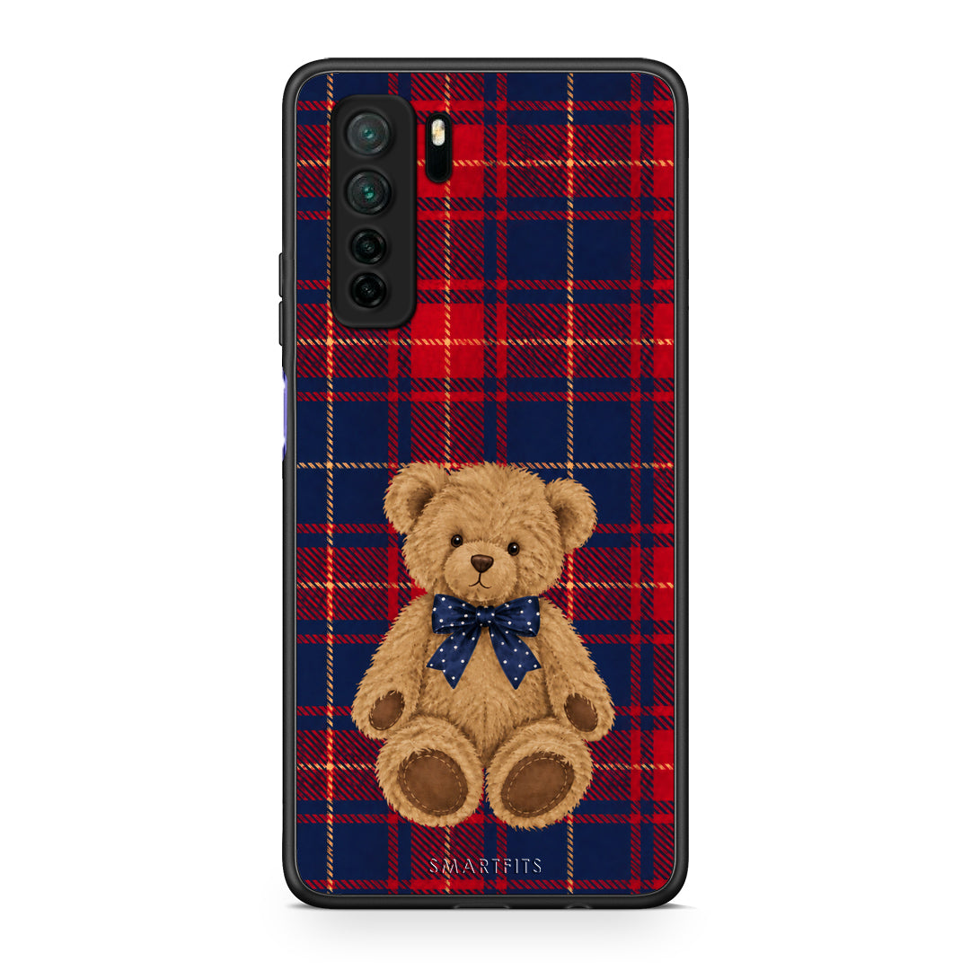 Θήκη Huawei P40 Lite 5G Teddy Bear on Red and Navy Tartan από τη Smartfits με σχέδιο στο πίσω μέρος και μαύρο περίβλημα | Huawei P40 Lite 5G Teddy Bear on Red and Navy Tartan case with colorful back and black bezels