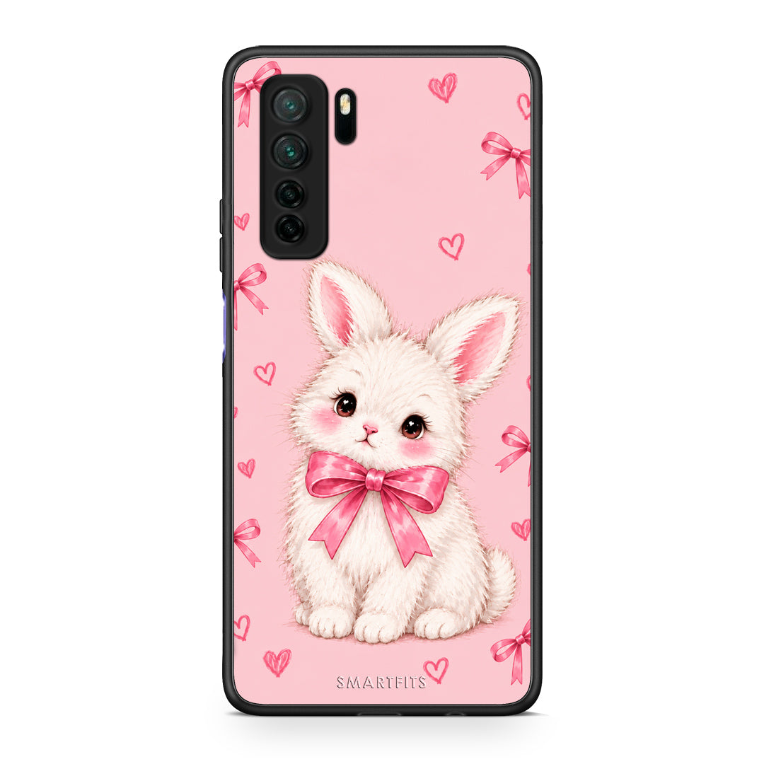 Θήκη Huawei P40 Lite 5G White Bunny and Pink Bows από τη Smartfits με σχέδιο στο πίσω μέρος και μαύρο περίβλημα | Huawei P40 Lite 5G White Bunny and Pink Bows case with colorful back and black bezels