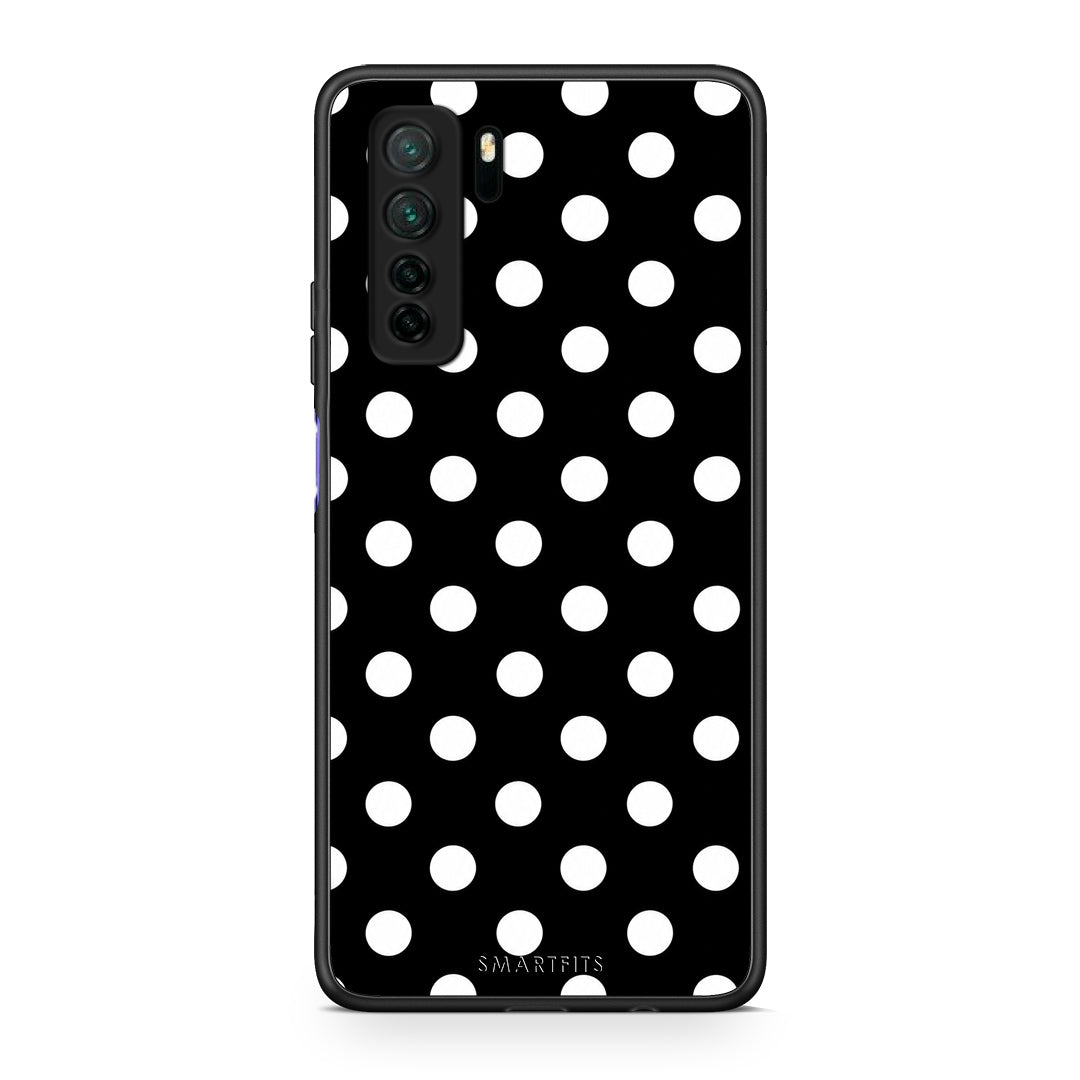 Θήκη Huawei P40 Lite 5G White Polka Dots on Black από τη Smartfits με σχέδιο στο πίσω μέρος και μαύρο περίβλημα | Huawei P40 Lite 5G White Polka Dots on Black case with colorful back and black bezels