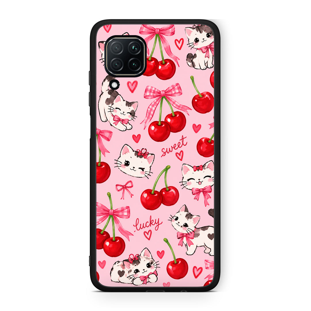 Θήκη Huawei P40 Lite Cherries Bows and Kittens on Pink από τη Smartfits με σχέδιο στο πίσω μέρος και μαύρο περίβλημα | Huawei P40 Lite Cherries Bows and Kittens on Pink case with colorful back and black bezels