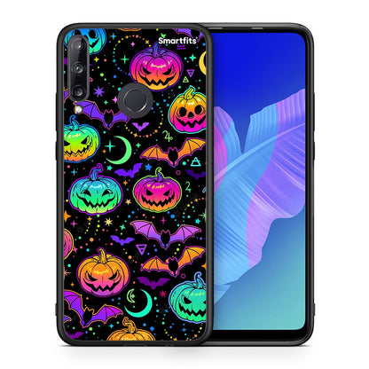 Θήκη Huawei P40 Lite E Neon Halloween από τη Smartfits με σχέδιο στο πίσω μέρος και μαύρο περίβλημα | Huawei P40 Lite E Neon Halloween case with colorful back and black bezels