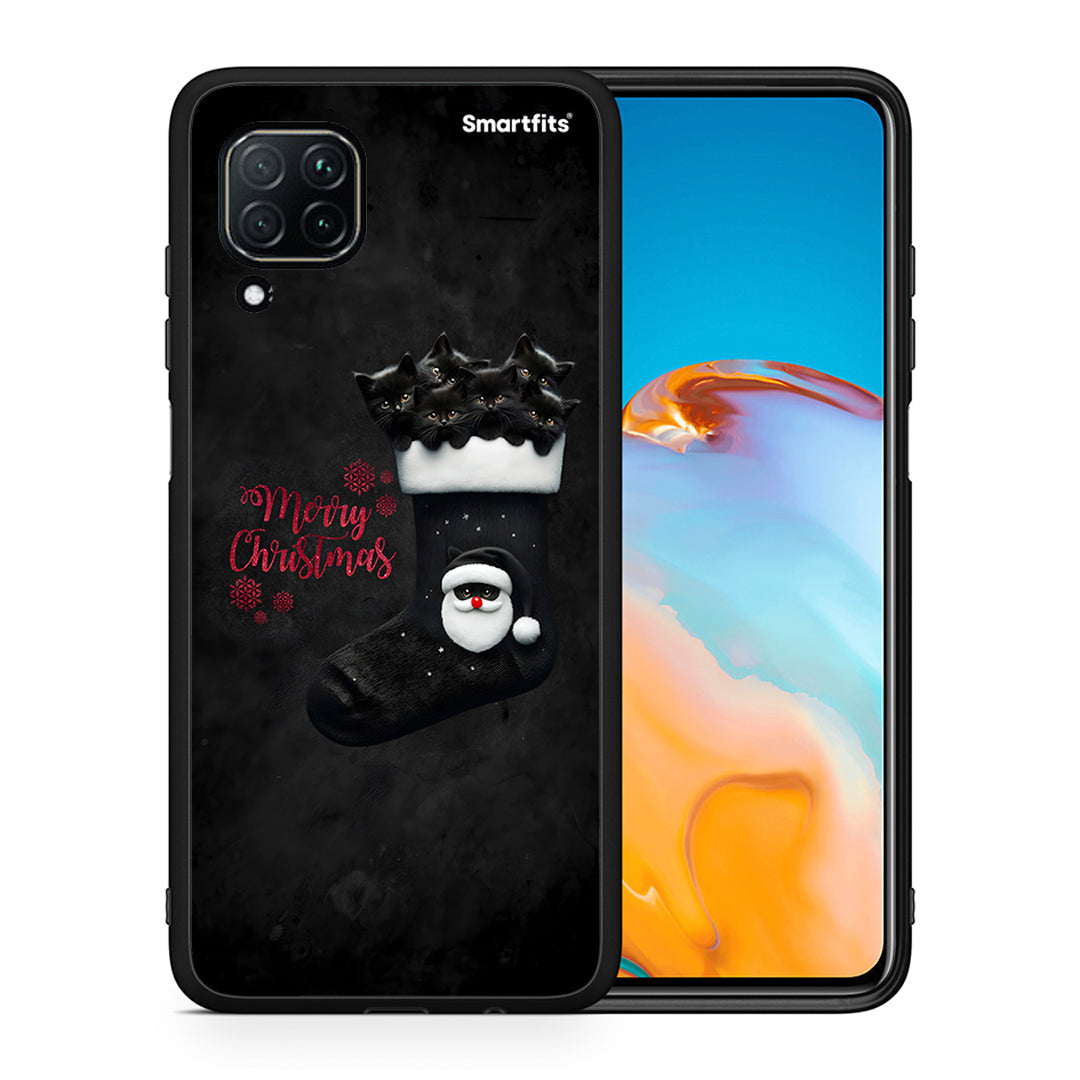 Θήκη Huawei P40 Lite Merry Cat Christmas από τη Smartfits με σχέδιο στο πίσω μέρος και μαύρο περίβλημα | Huawei P40 Lite Merry Cat Christmas case with colorful back and black bezels
