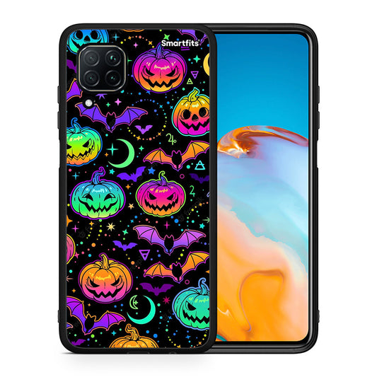 Θήκη Huawei P40 Lite Neon Halloween από τη Smartfits με σχέδιο στο πίσω μέρος και μαύρο περίβλημα | Huawei P40 Lite Neon Halloween case with colorful back and black bezels