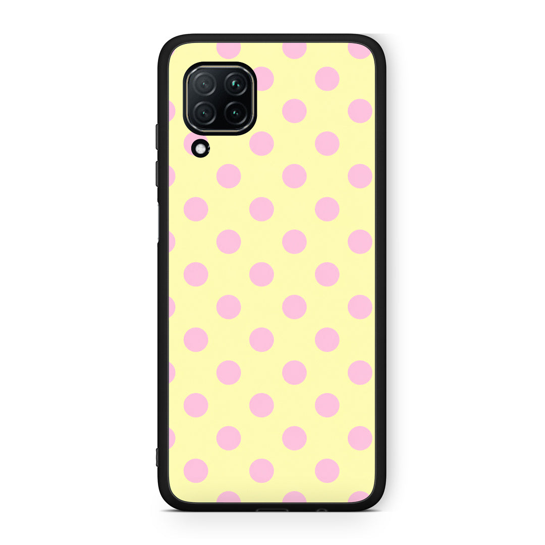 Θήκη Huawei P40 Lite Pink Polka Dots on Yellow από τη Smartfits με σχέδιο στο πίσω μέρος και μαύρο περίβλημα | Huawei P40 Lite Pink Polka Dots on Yellow case with colorful back and black bezels