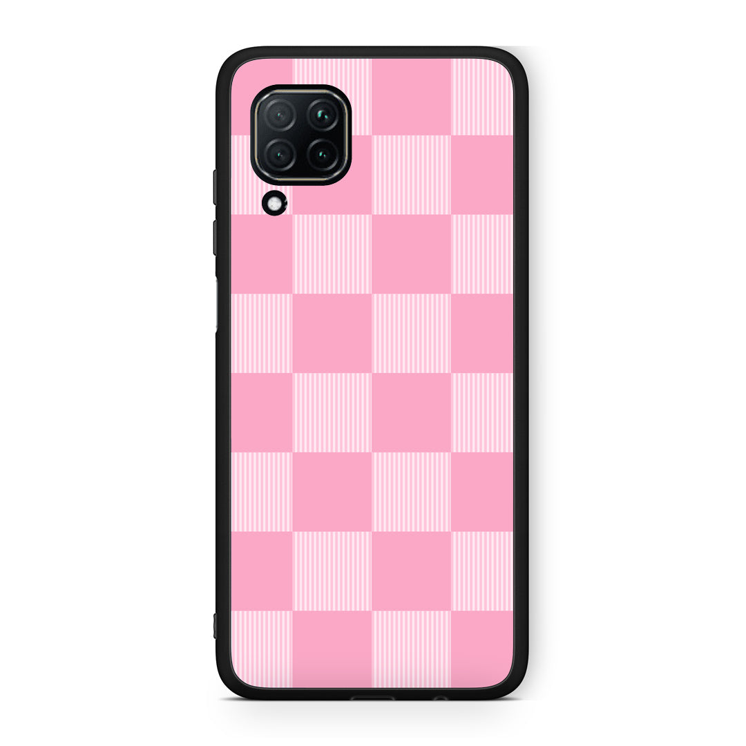 Θήκη Huawei P40 Lite Pink and White Striped Checks από τη Smartfits με σχέδιο στο πίσω μέρος και μαύρο περίβλημα | Huawei P40 Lite Pink and White Striped Checks case with colorful back and black bezels