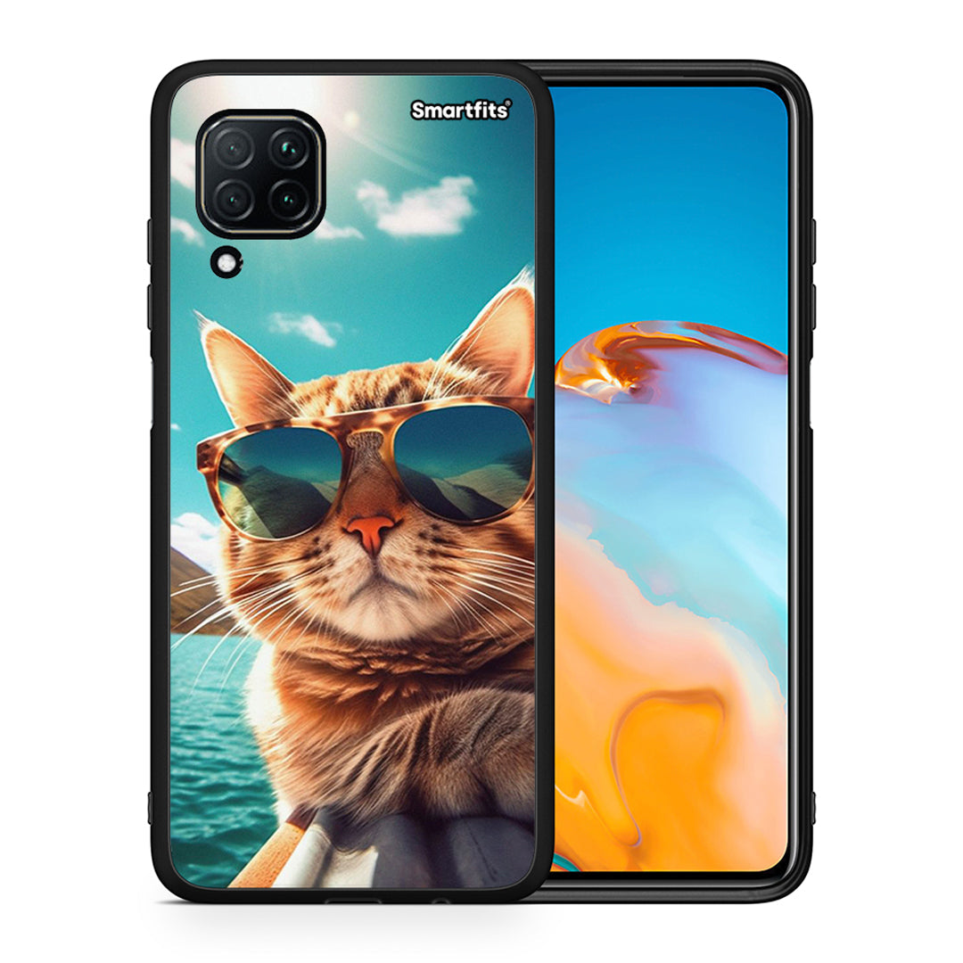 Θήκη Huawei P40 Lite Summer Cat από τη Smartfits με σχέδιο στο πίσω μέρος και μαύρο περίβλημα | Huawei P40 Lite Summer Cat case with colorful back and black bezels