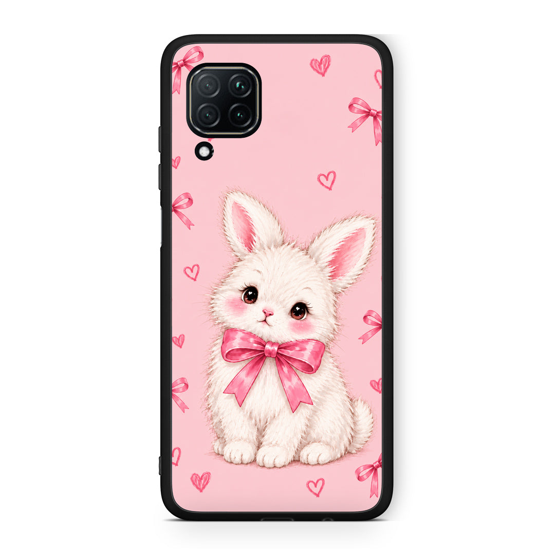 Θήκη Huawei P40 Lite White Bunny and Pink Bows από τη Smartfits με σχέδιο στο πίσω μέρος και μαύρο περίβλημα | Huawei P40 Lite White Bunny and Pink Bows case with colorful back and black bezels