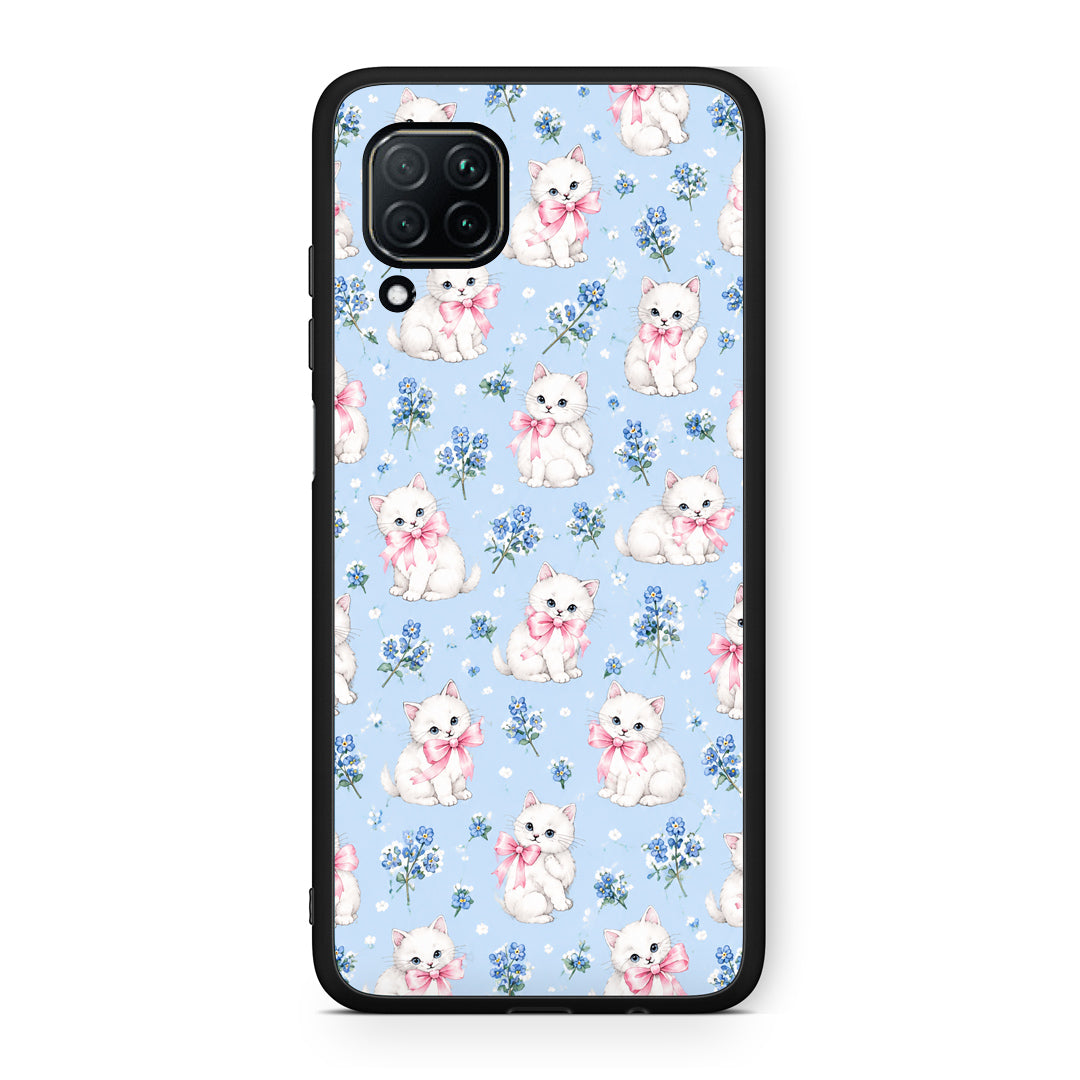 Θήκη Huawei P40 Lite White Kittens and Blue Flowers Small από τη Smartfits με σχέδιο στο πίσω μέρος και μαύρο περίβλημα | Huawei P40 Lite White Kittens and Blue Flowers Small case with colorful back and black bezels