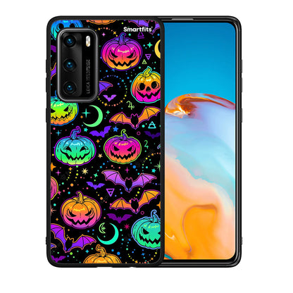 Θήκη Huawei P40 Neon Halloween από τη Smartfits με σχέδιο στο πίσω μέρος και μαύρο περίβλημα | Huawei P40 Neon Halloween case with colorful back and black bezels