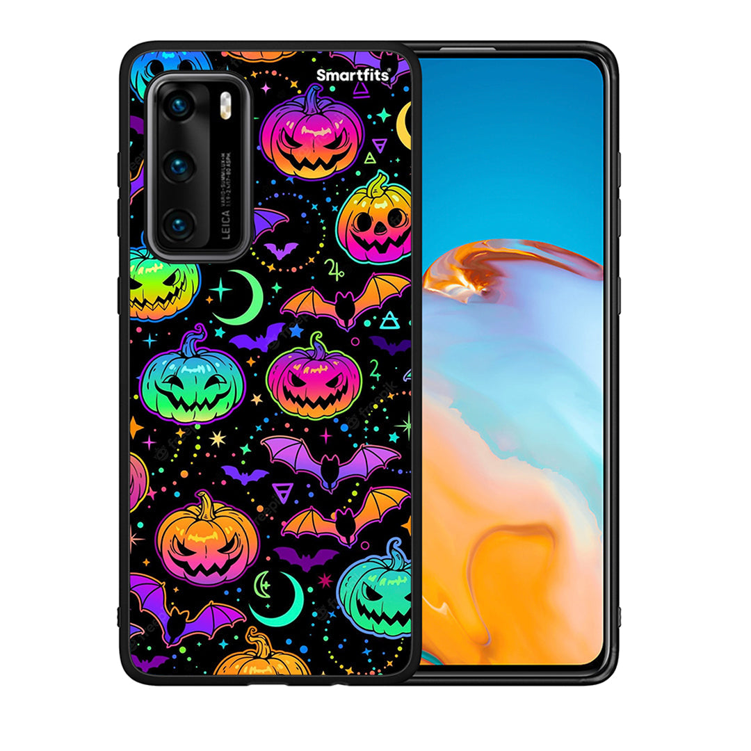 Θήκη Huawei P40 Neon Halloween από τη Smartfits με σχέδιο στο πίσω μέρος και μαύρο περίβλημα | Huawei P40 Neon Halloween case with colorful back and black bezels