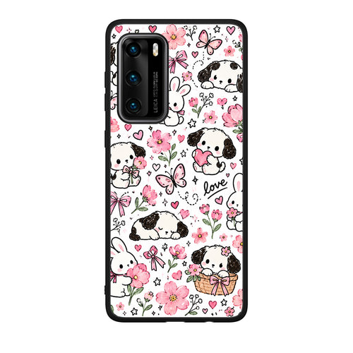 Θήκη Huawei P40 Pink Florals Puppies and Bunnies on White από τη Smartfits με σχέδιο στο πίσω μέρος και μαύρο περίβλημα | Huawei P40 Pink Florals Puppies and Bunnies on White case with colorful back and black bezels
