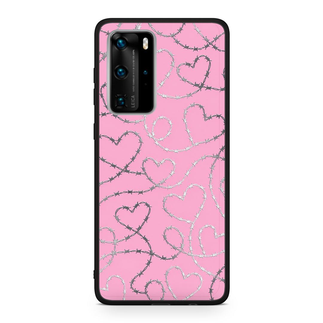 Θήκη Huawei P40 Pro Barbed Wire Hearts on Pink από τη Smartfits με σχέδιο στο πίσω μέρος και μαύρο περίβλημα | Huawei P40 Pro Barbed Wire Hearts on Pink case with colorful back and black bezels
