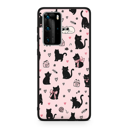 Θήκη Huawei P40 Pro Black Cat Doodles on Pink από τη Smartfits με σχέδιο στο πίσω μέρος και μαύρο περίβλημα | Huawei P40 Pro Black Cat Doodles on Pink case with colorful back and black bezels
