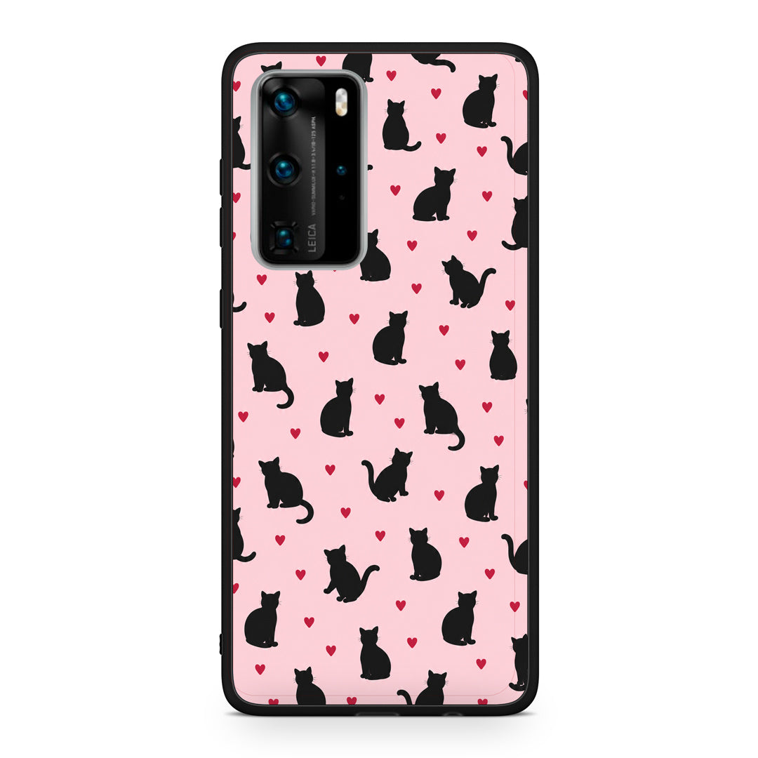 Θήκη Huawei P40 Pro Black Cat Silhouettes and Hearts on Pink από τη Smartfits με σχέδιο στο πίσω μέρος και μαύρο περίβλημα | Huawei P40 Pro Black Cat Silhouettes and Hearts on Pink case with colorful back and black bezels