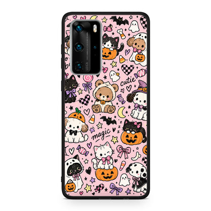 Θήκη Huawei P40 Pro Halloween Cute Animals on Pink από τη Smartfits με σχέδιο στο πίσω μέρος και μαύρο περίβλημα | Huawei P40 Pro Halloween Cute Animals on Pink case with colorful back and black bezels